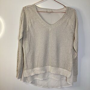 Lucky Brand Metallic Silver Beige Vneck Chiffon Crochet Sleeve Sweater